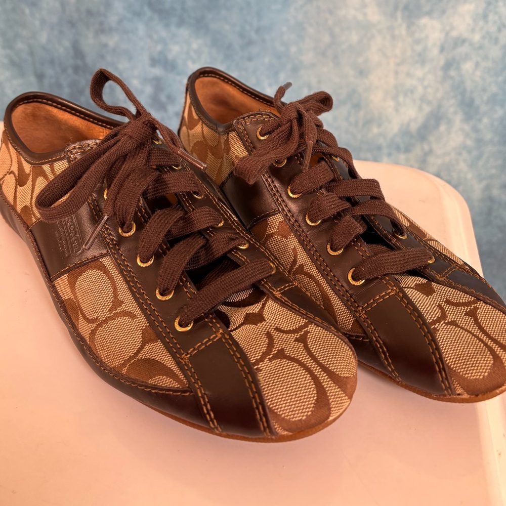 Coach Brown & Tan Leather Signature Low-Top Sneakers Size 7 - Picture 3 of 9